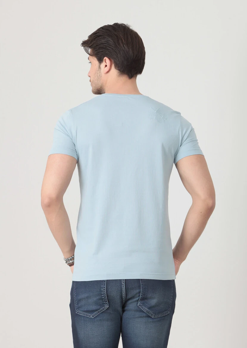 Mavi Düz V Yaka %100 Pamuk T-Shirt - 5