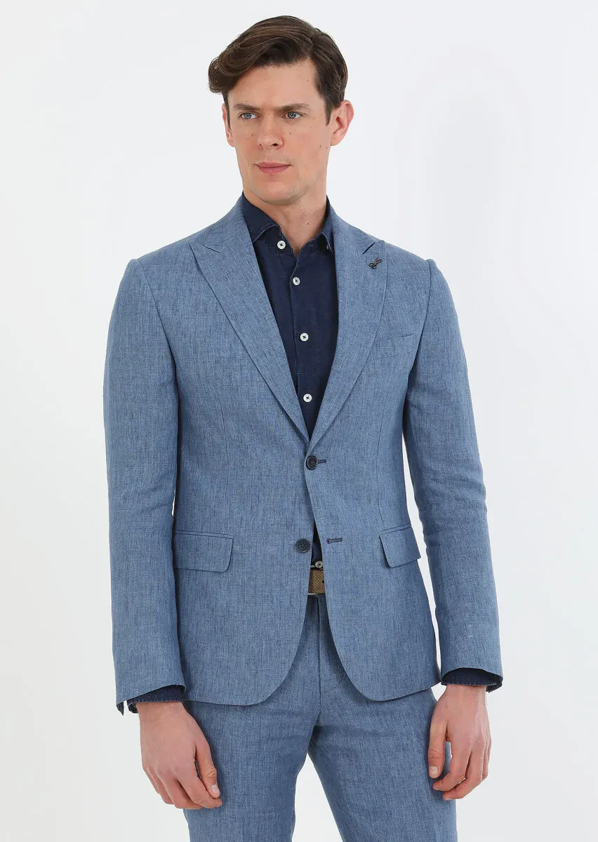 Mavi Düz Zeroweight Slim Fit %100 Keten Takım Elbise - 3