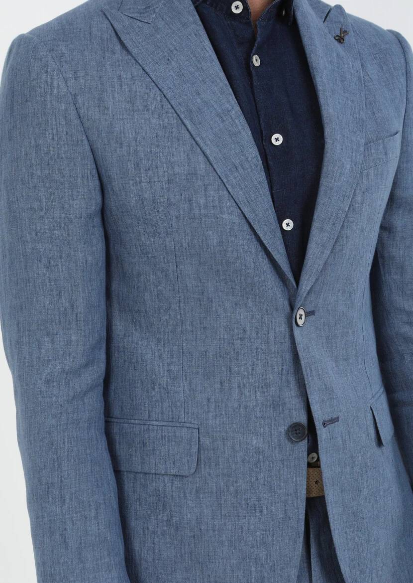 Mavi Düz Zeroweight Slim Fit %100 Keten Takım Elbise - 4