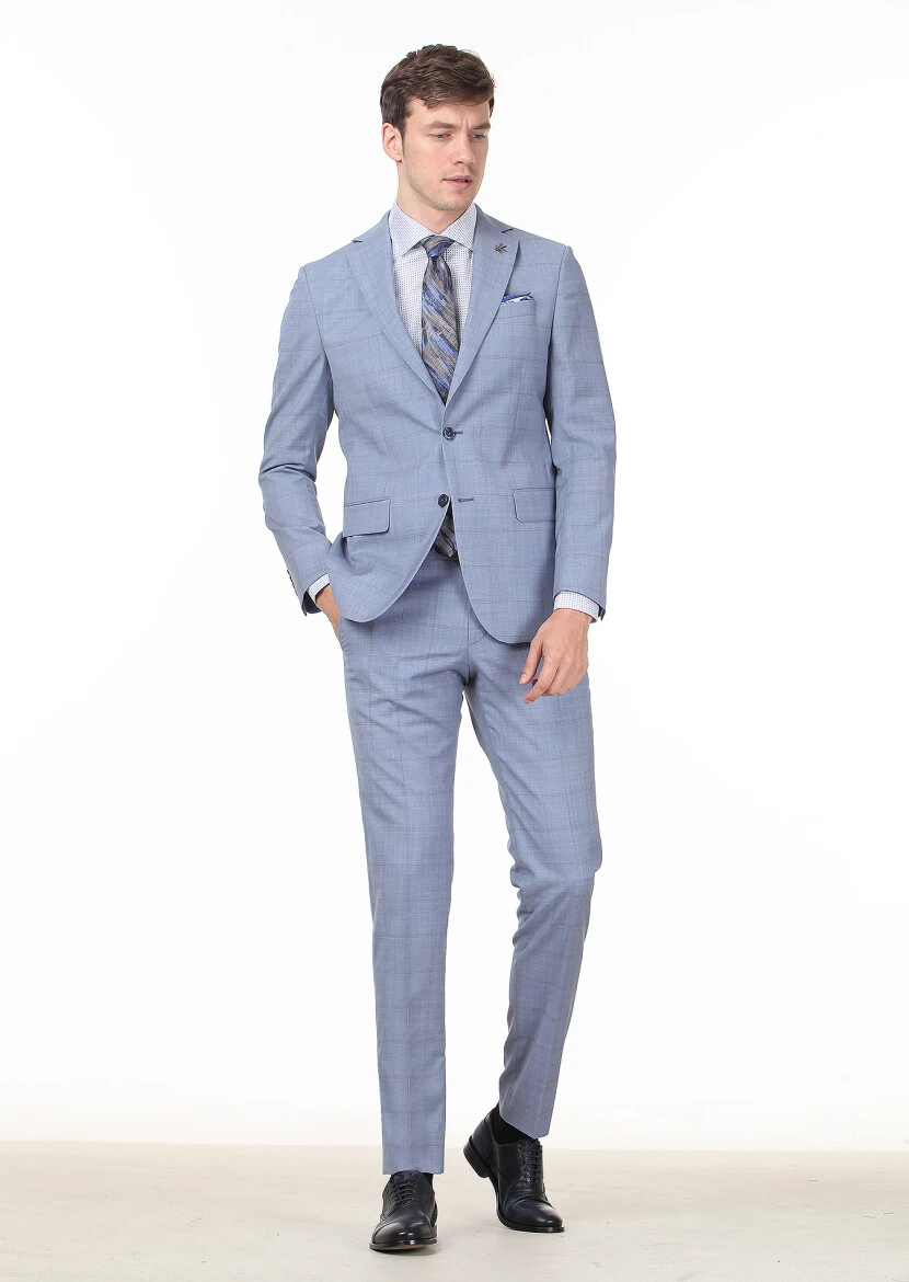 Mavi Kareli Modern Fit %100 Yün Takım Elbise - 1