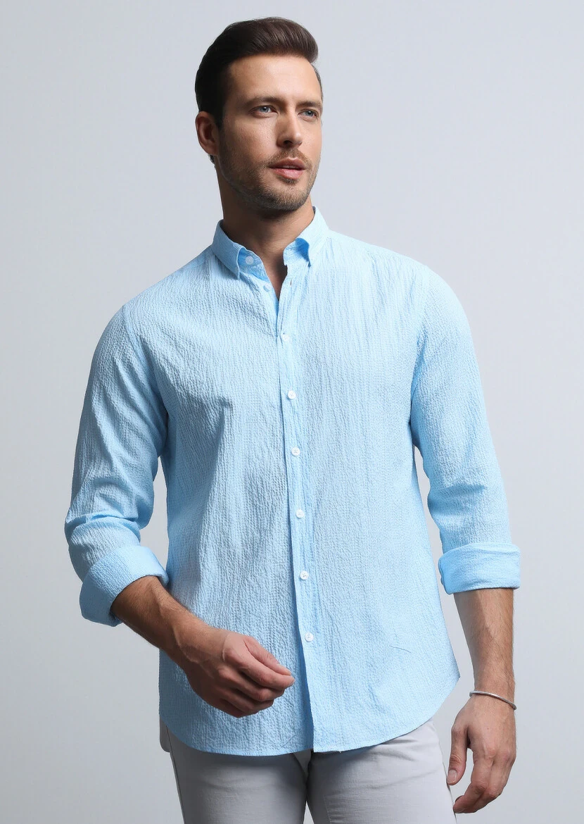 Mavi Kareli Regular Fit Dokuma Denim Pamuk Karışımlı Gömlek - 1