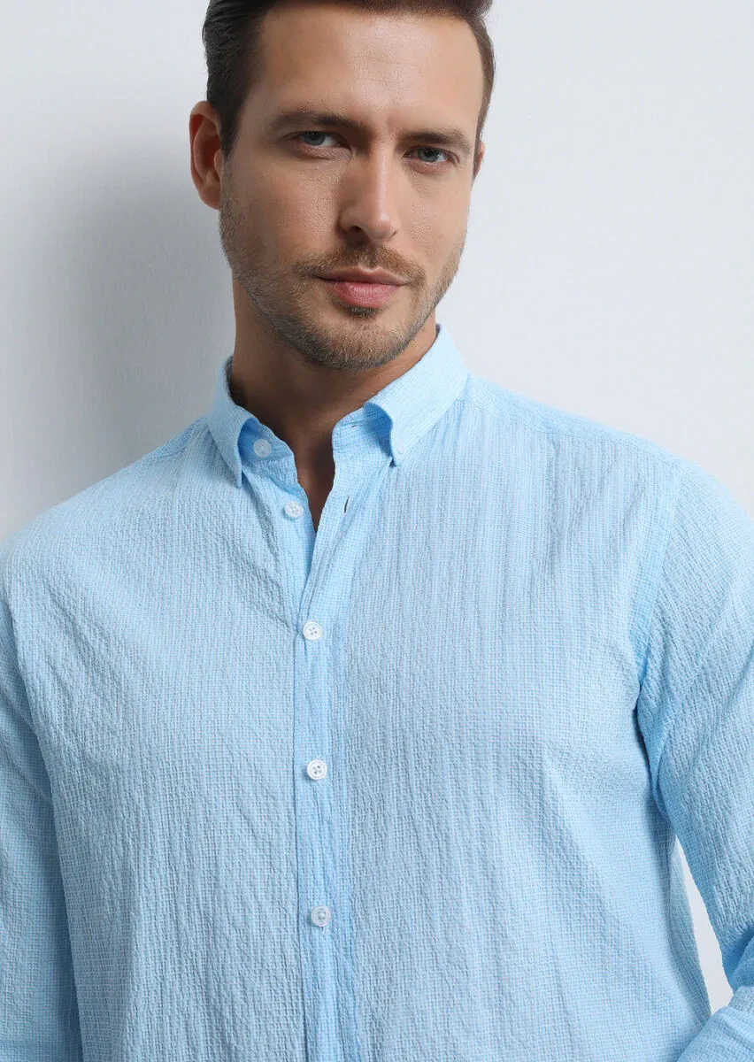 Mavi Kareli Regular Fit Dokuma Denim Pamuk Karışımlı Gömlek - 2