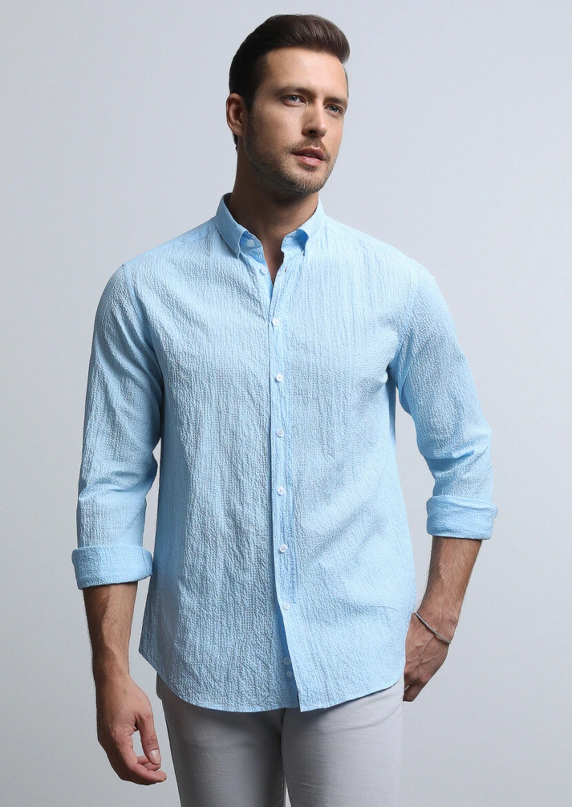 Mavi Kareli Regular Fit Dokuma Denim Pamuk Karışımlı Gömlek - 3