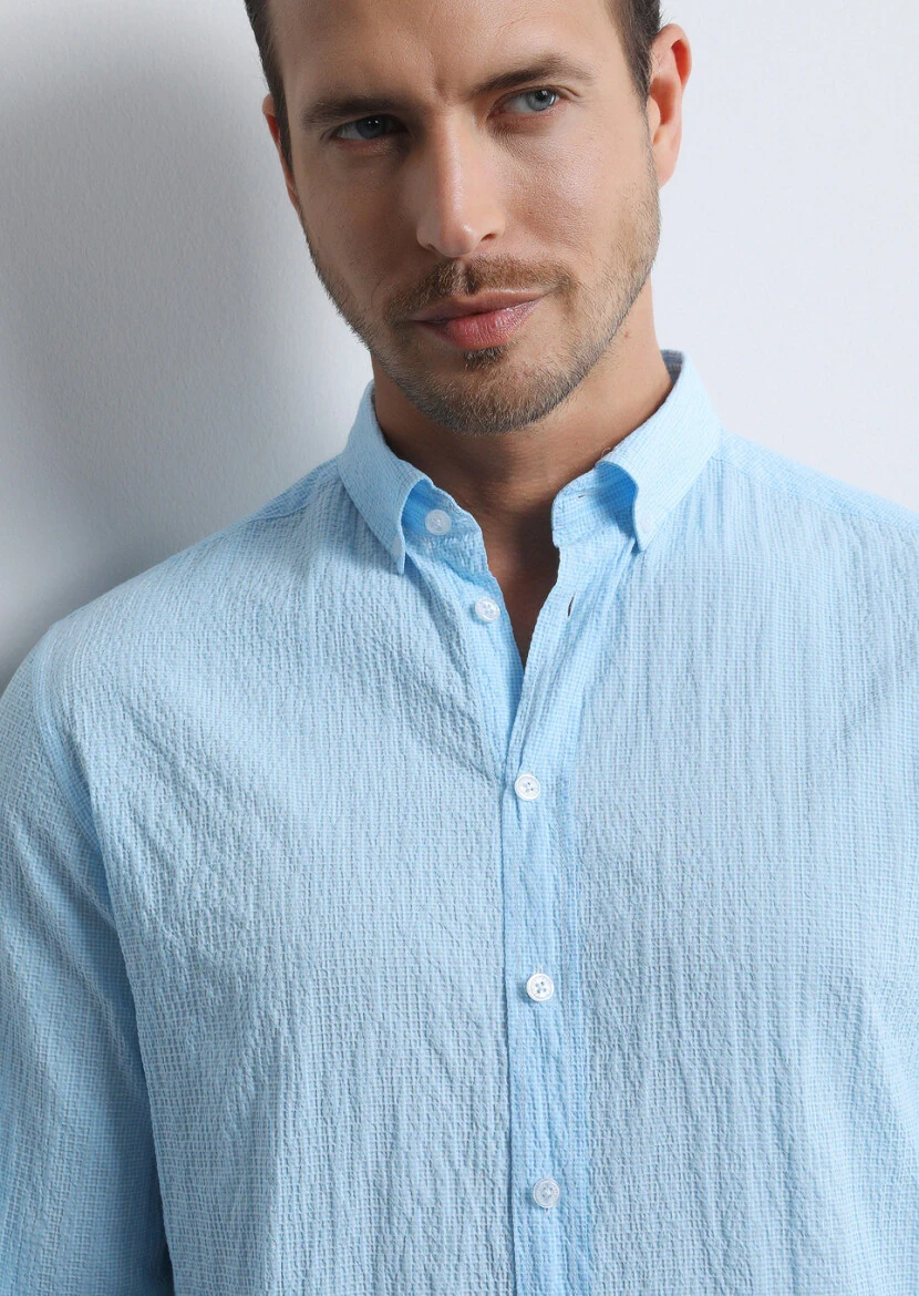 Mavi Kareli Regular Fit Dokuma Denim Pamuk Karışımlı Gömlek - 4