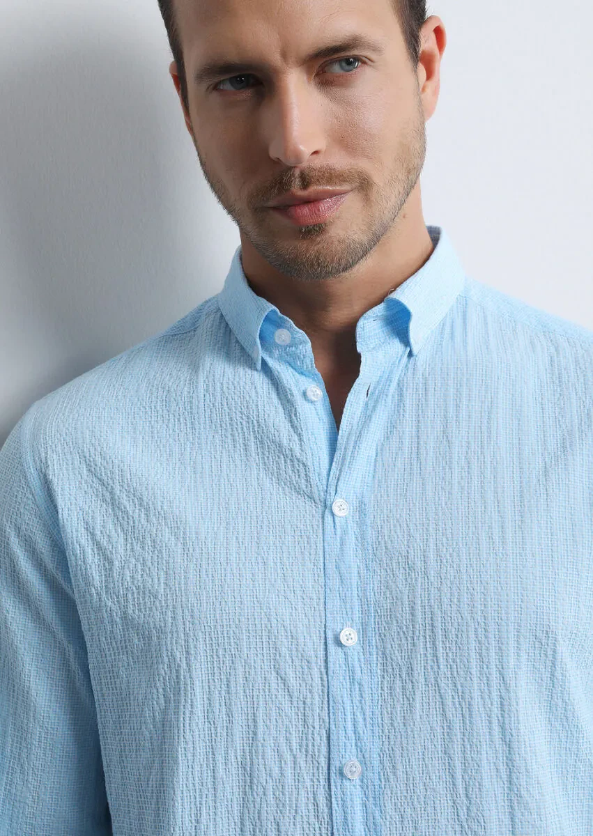 Mavi Kareli Regular Fit Dokuma Denim Pamuk Karışımlı Gömlek - 4