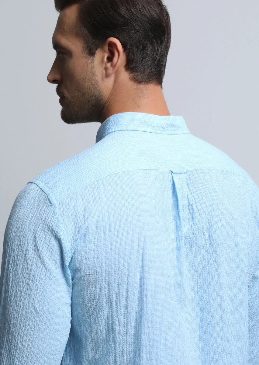 Mavi Kareli Regular Fit Dokuma Denim Pamuk Karışımlı Gömlek - 5