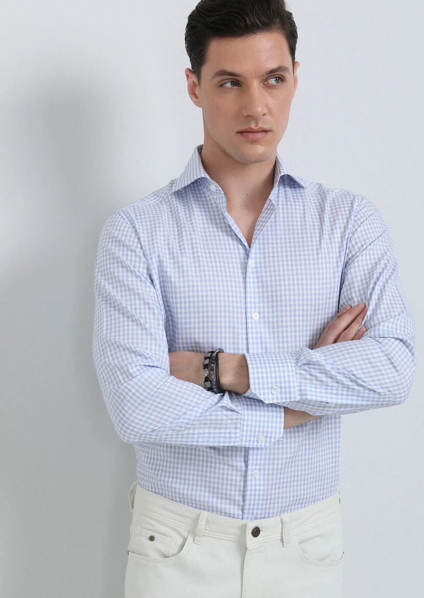 Mavi Kareli Regular Fit Dokuma Klasik %100 Pamuk Gömlek - 3