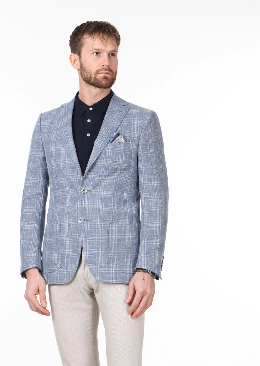 Mavi Kareli Regular Fit Yün Karışımlı Ceket - 1