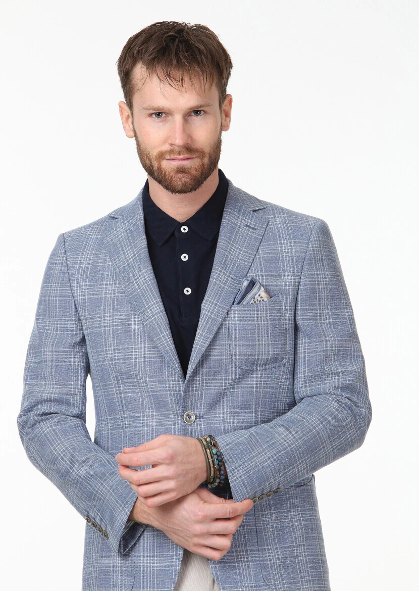 Mavi Kareli Regular Fit Yün Karışımlı Ceket - 3