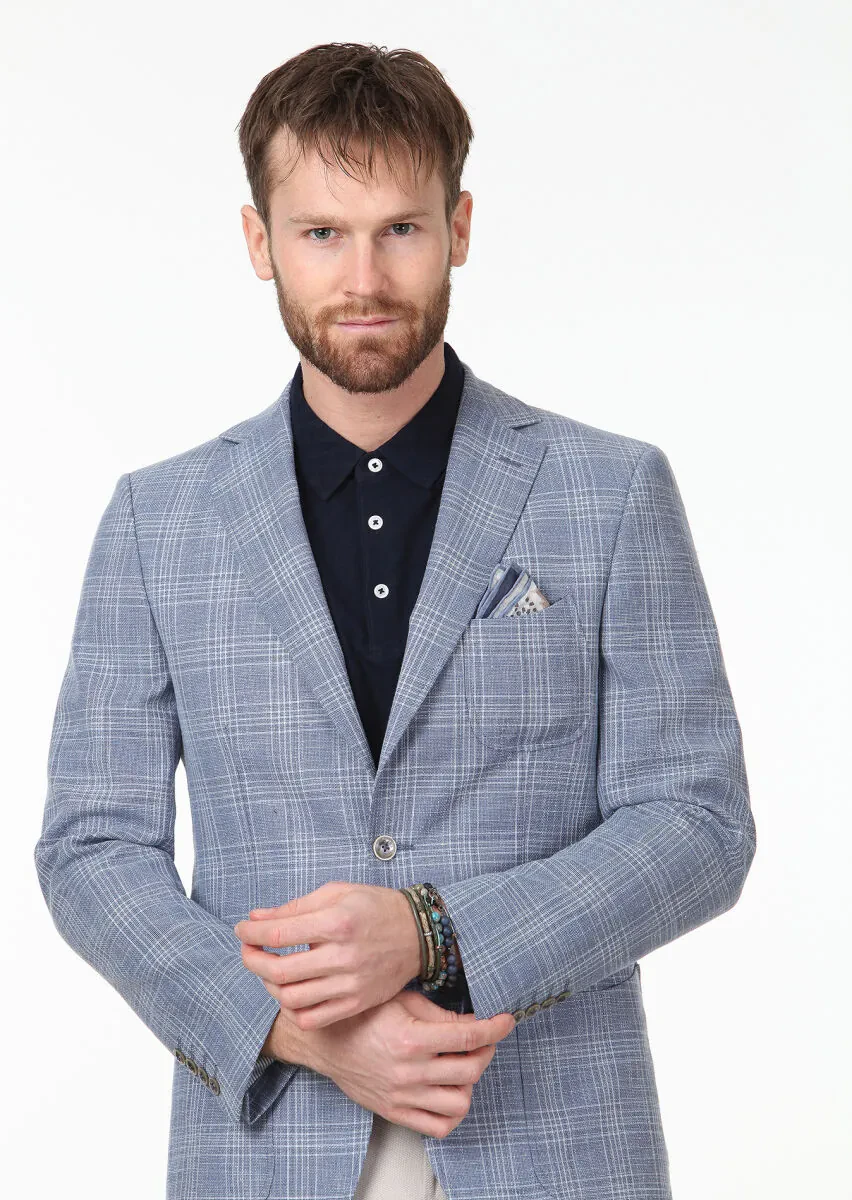 Mavi Kareli Regular Fit Yün Karışımlı Ceket - 3