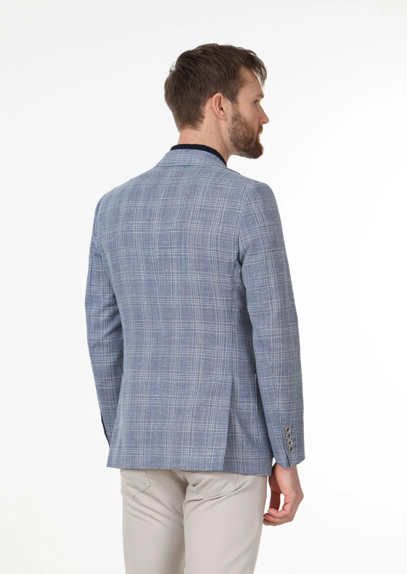 Mavi Kareli Regular Fit Yün Karışımlı Ceket - 4
