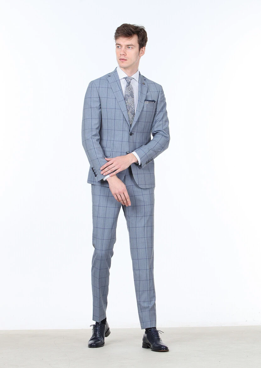 Mavi Kareli Zeroweight Slim Fit %100 Yün Takım Elbise - 2