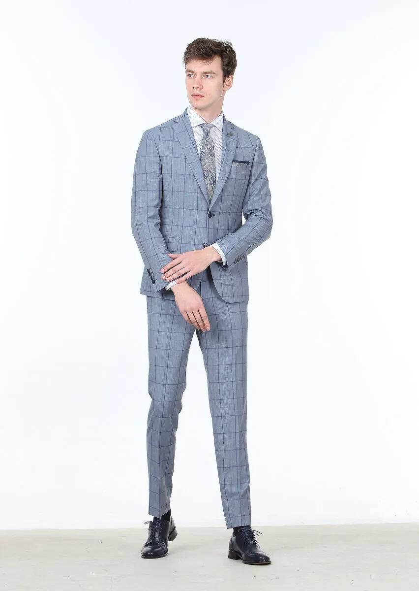 Mavi Kareli Zeroweight Slim Fit %100 Yün Takım Elbise - 2