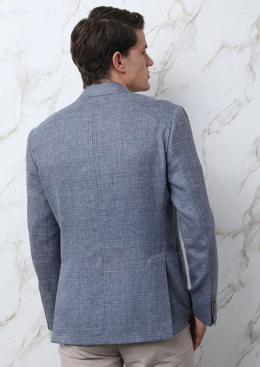 Mavi Kareli Zeroweight Slim Fit Yün Karışımlı Ceket - 5