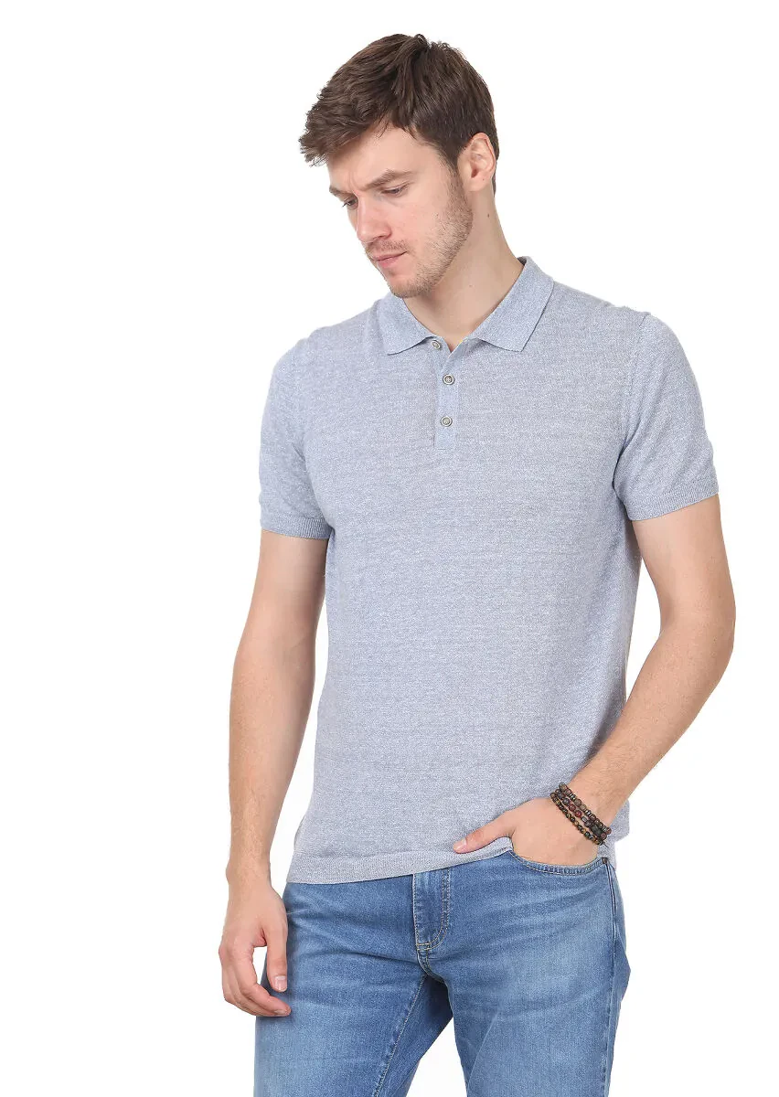 Mavi Polo Yaka Jakarlı Pamuk Karışımlı Triko - 2