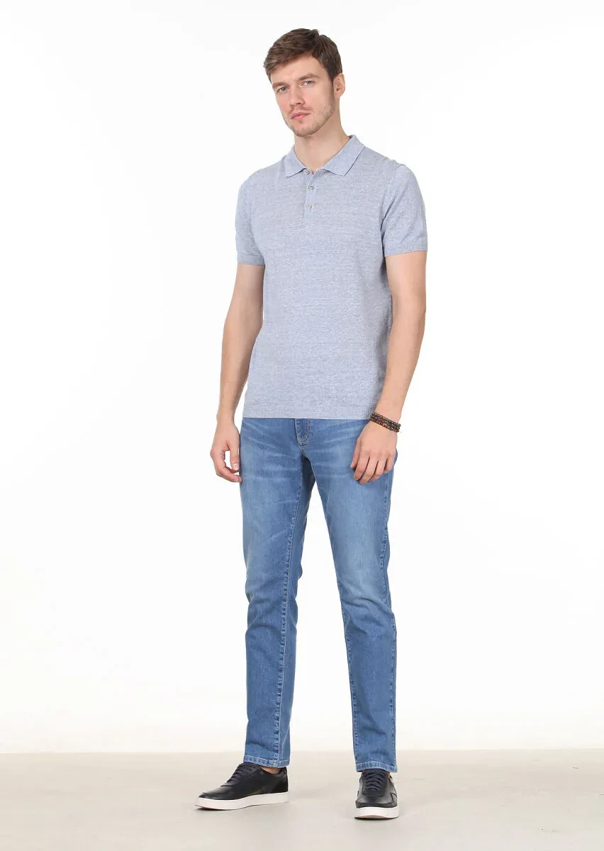 Mavi Polo Yaka Jakarlı Pamuk Karışımlı Triko - 3