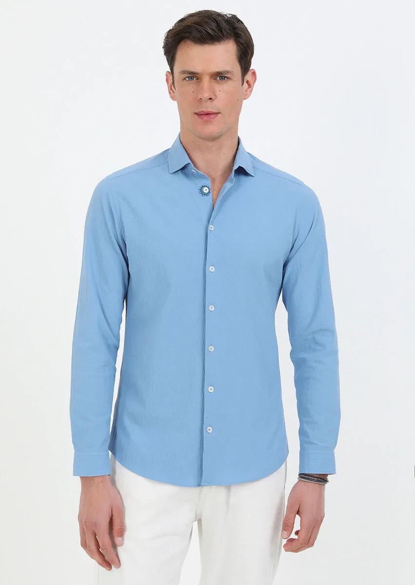 Mavi Slim Fit Dokuma Casual Pamuk Karışımlı Gömlek - 1