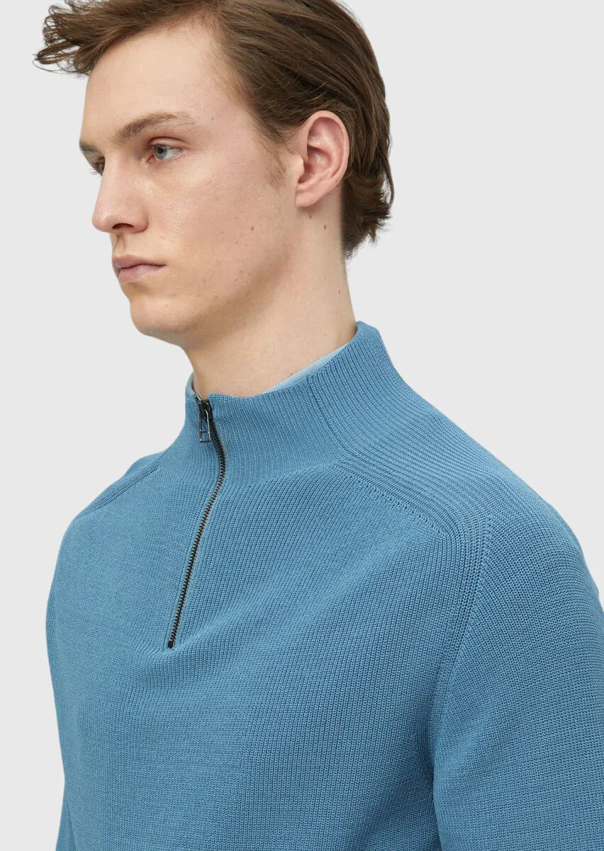 Mavi Yarım Balıkçı Yaka Jakarlı Triko Kazak - 5