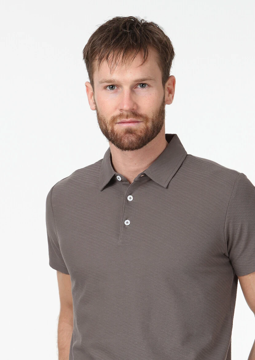 Mink Jacquard Polo Neck 100% Cotton T-Shirt - 3