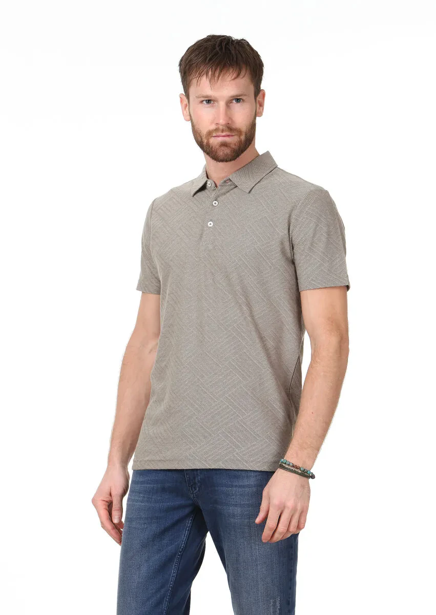 Mink Jacquard Polo Neck 100% Cotton T-Shirt - 1