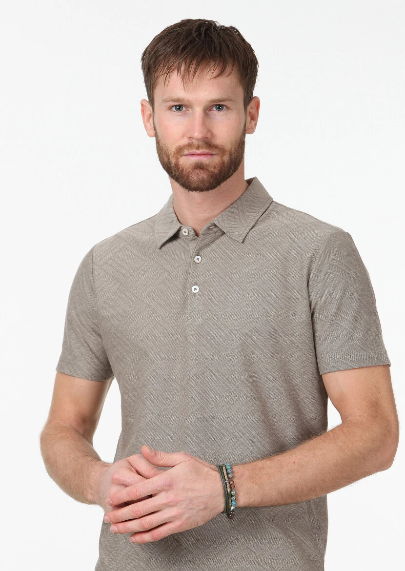 Mink Jacquard Polo Neck 100% Cotton T-Shirt - 3