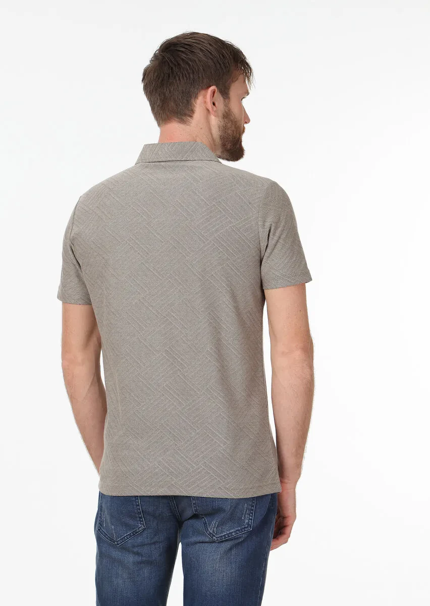 Mink Jacquard Polo Neck 100% Cotton T-Shirt - 4