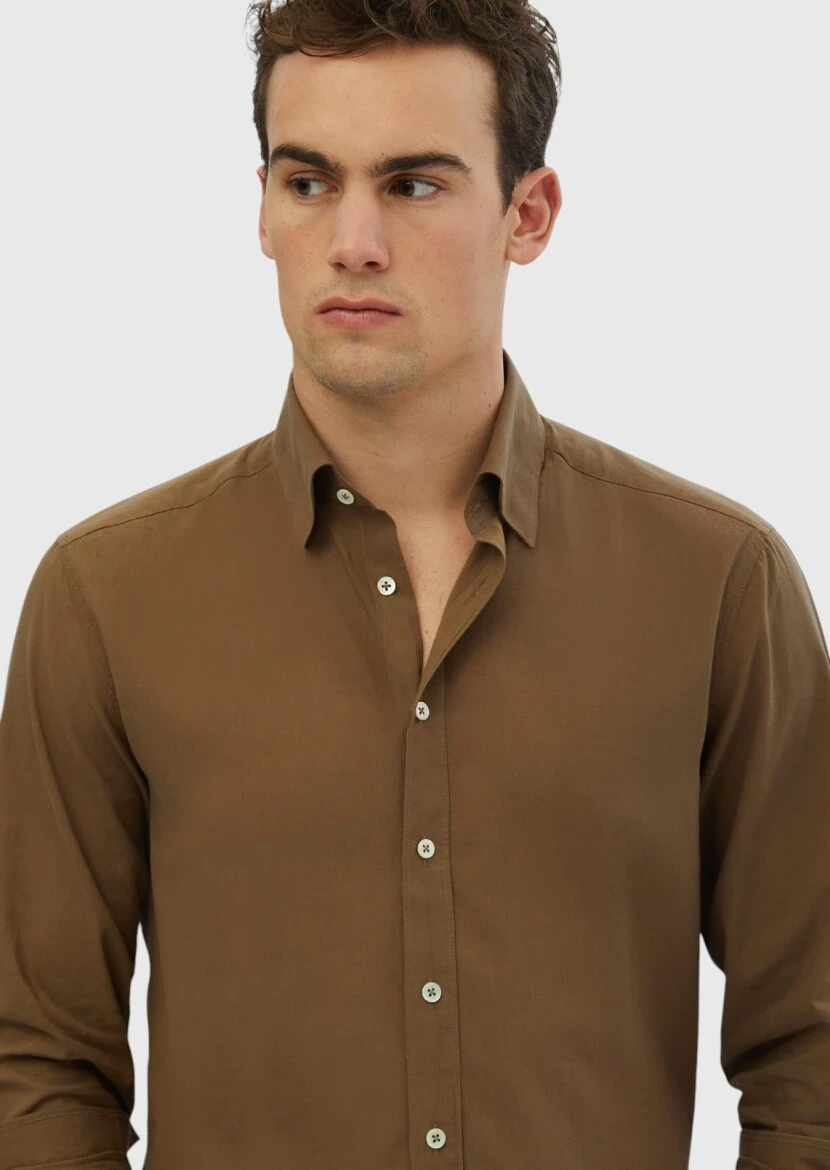 Mink Plain Casual Fit Weaving Casual 100% Cotton Shirt - 3