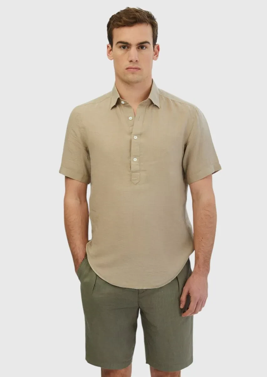 Mink Plain Casual Fit Weaving Casual 100% Linen Shirt - 1