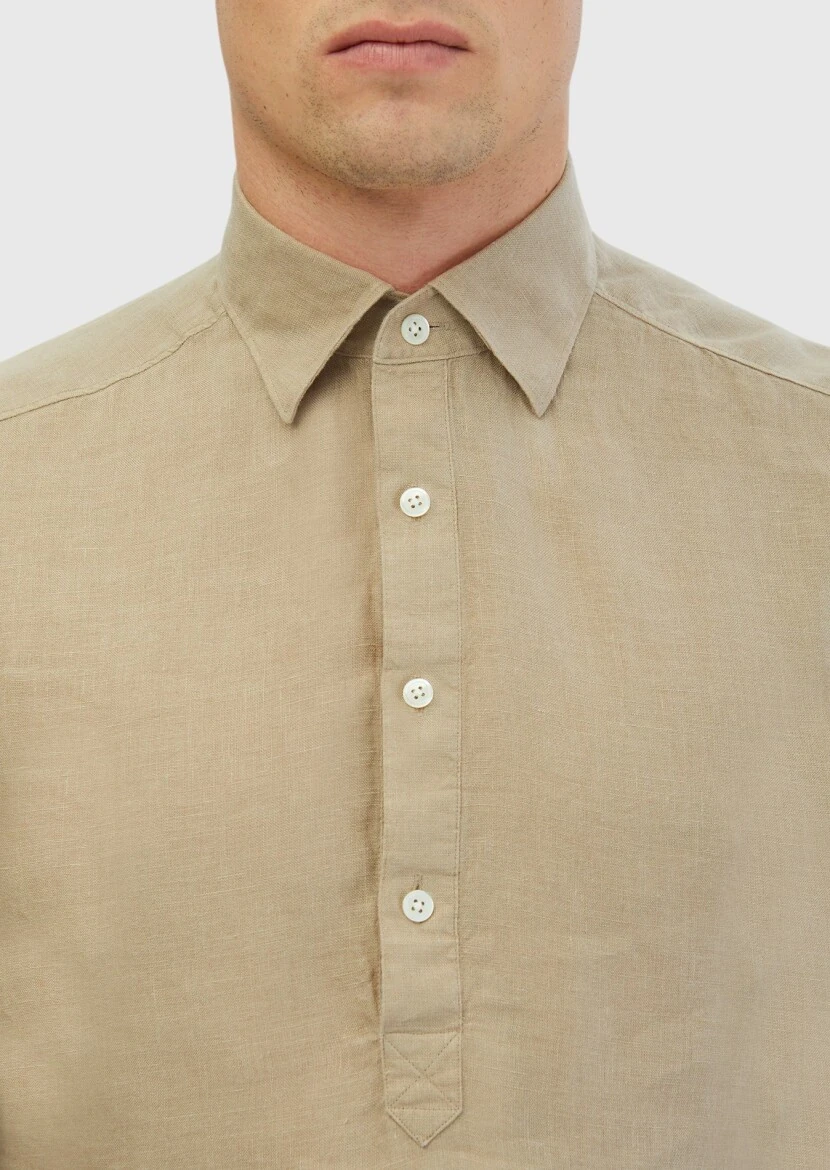 Mink Plain Casual Fit Weaving Casual 100% Linen Shirt - 4