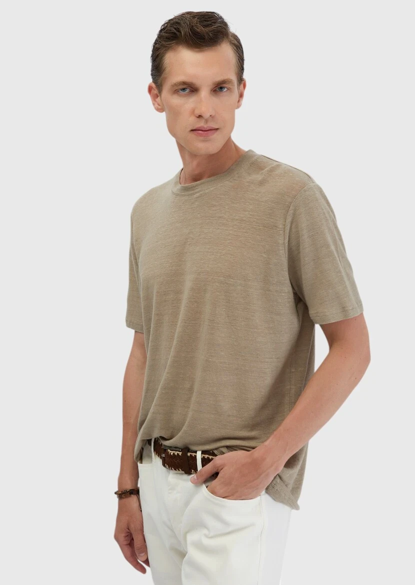 Mink Plain Crew Neck 100% Linen T-Shirt - RAMSEY