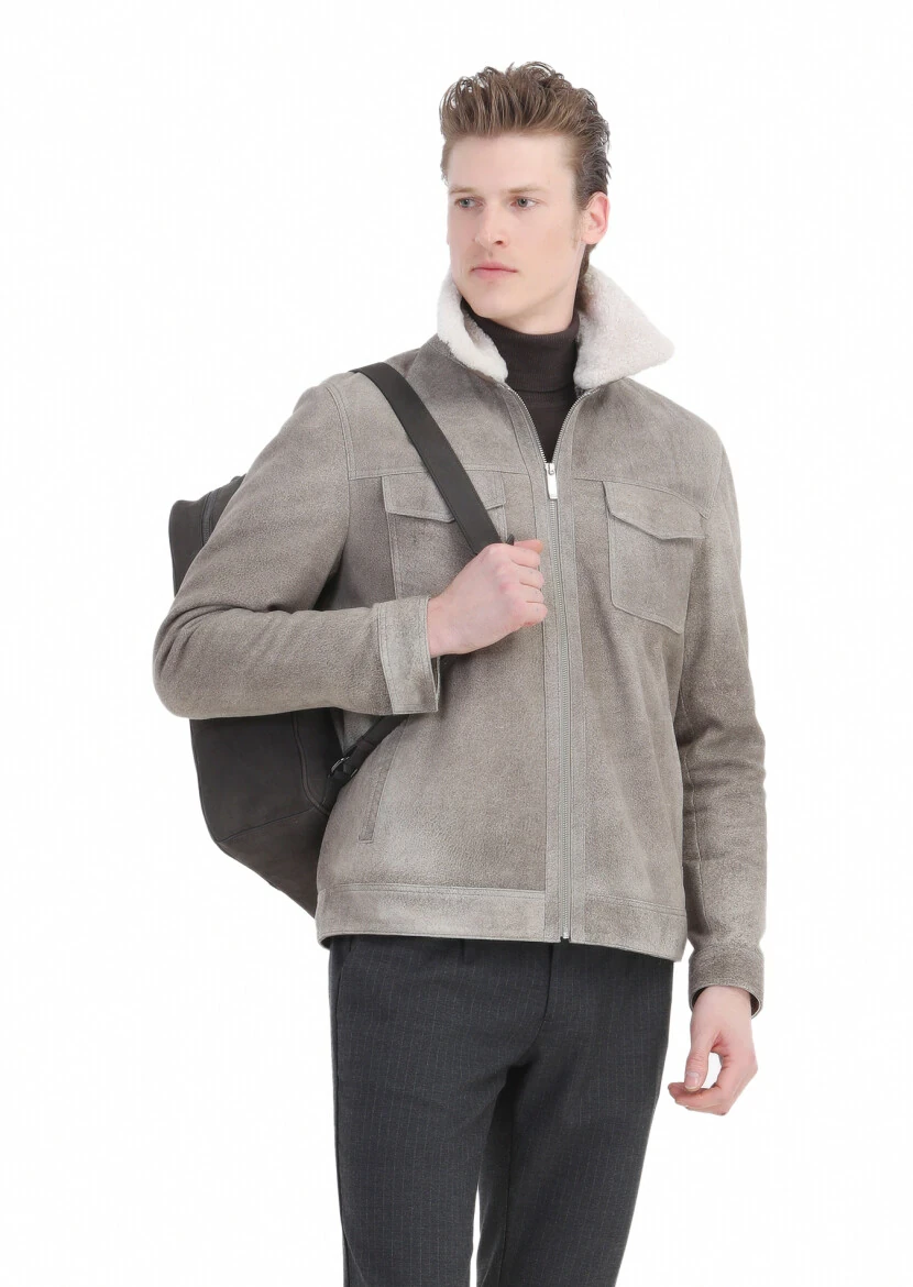 Mink Regular Fit Shirt Collar Casual Suede Leather Coat - 5