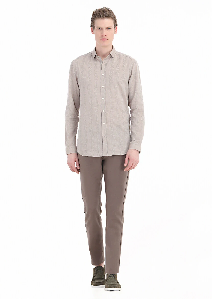 Mink Striped Regular Fit Weaving Casual 100% Cotton Shirt - 1