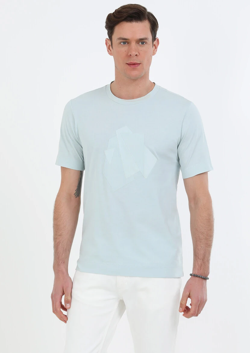 Mint Baskılı Bisiklet Yaka Pamuk Karışımlı T-Shirt - 1