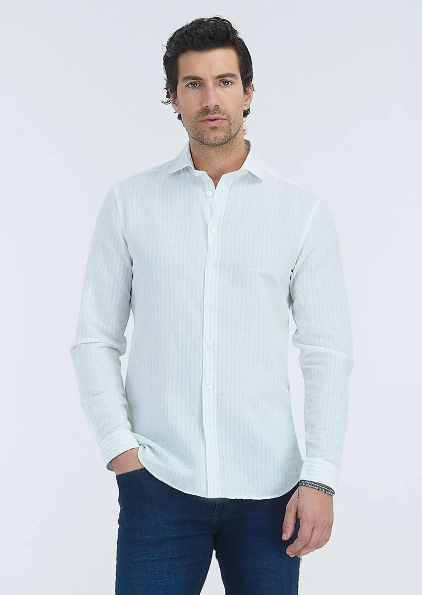 Mint Çizgili Regular Fit Dokuma Casual Pamuk Karışımlı Gömlek - 2