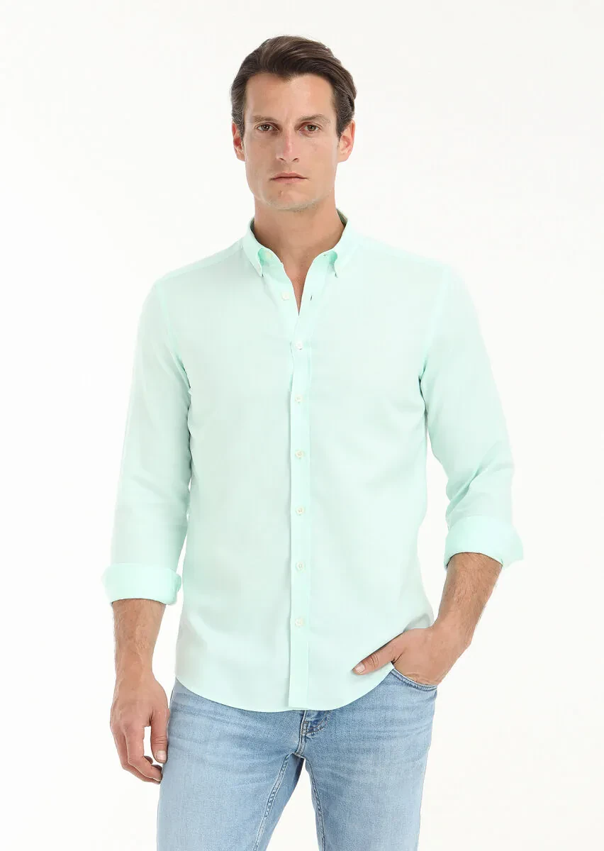 Mint Düz Slim Fit Dokuma Casual %100 Pamuk Gömlek - 2