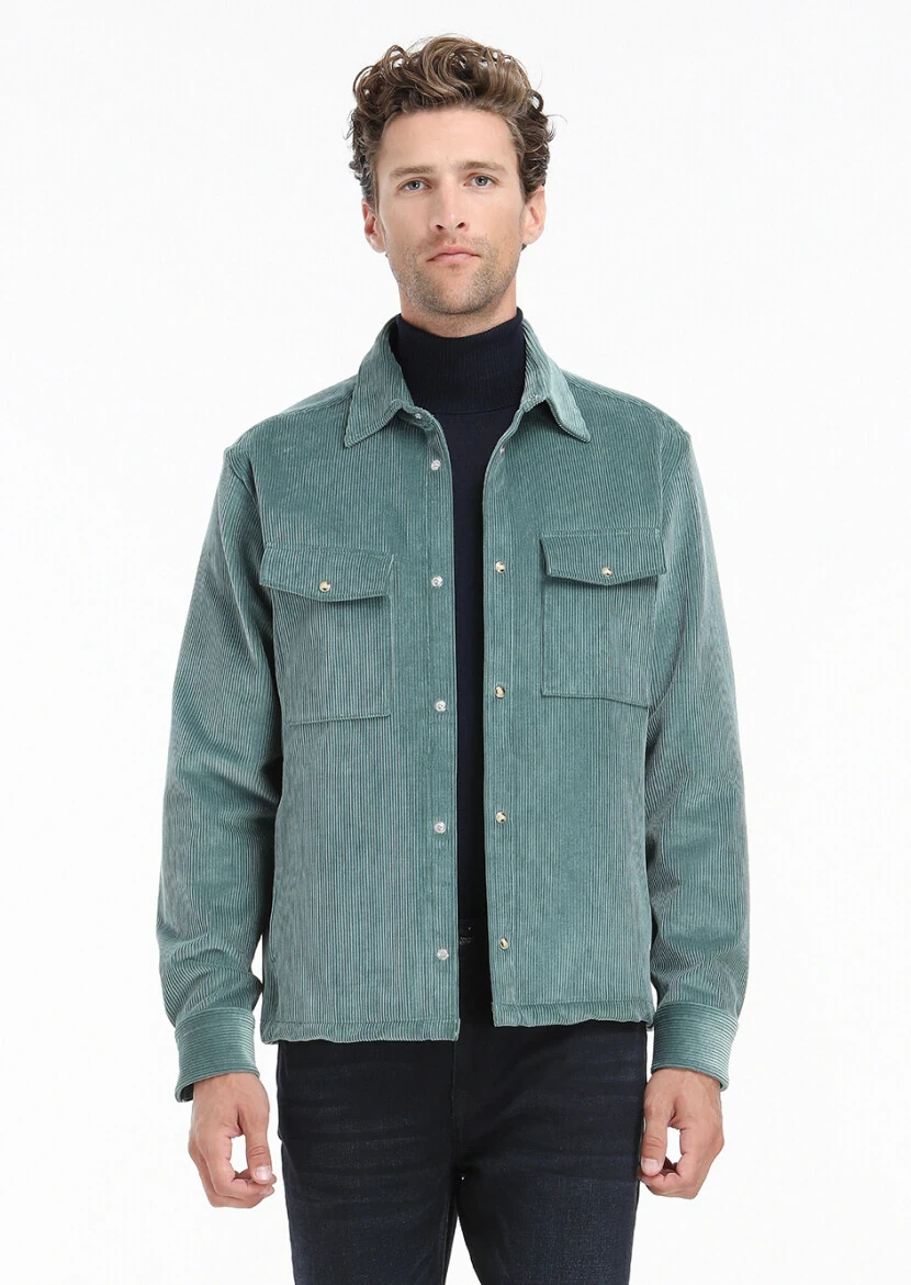 Mint Fitilli Casual Fit Dokuma Kadife %100 Pamuk Overshırt - 1