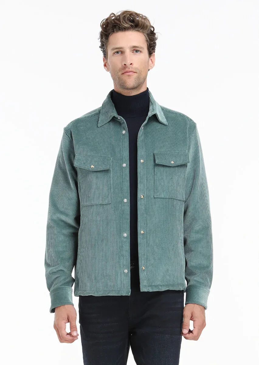 Mint Fitilli Casual Fit Dokuma Kadife %100 Pamuk Overshırt - 1