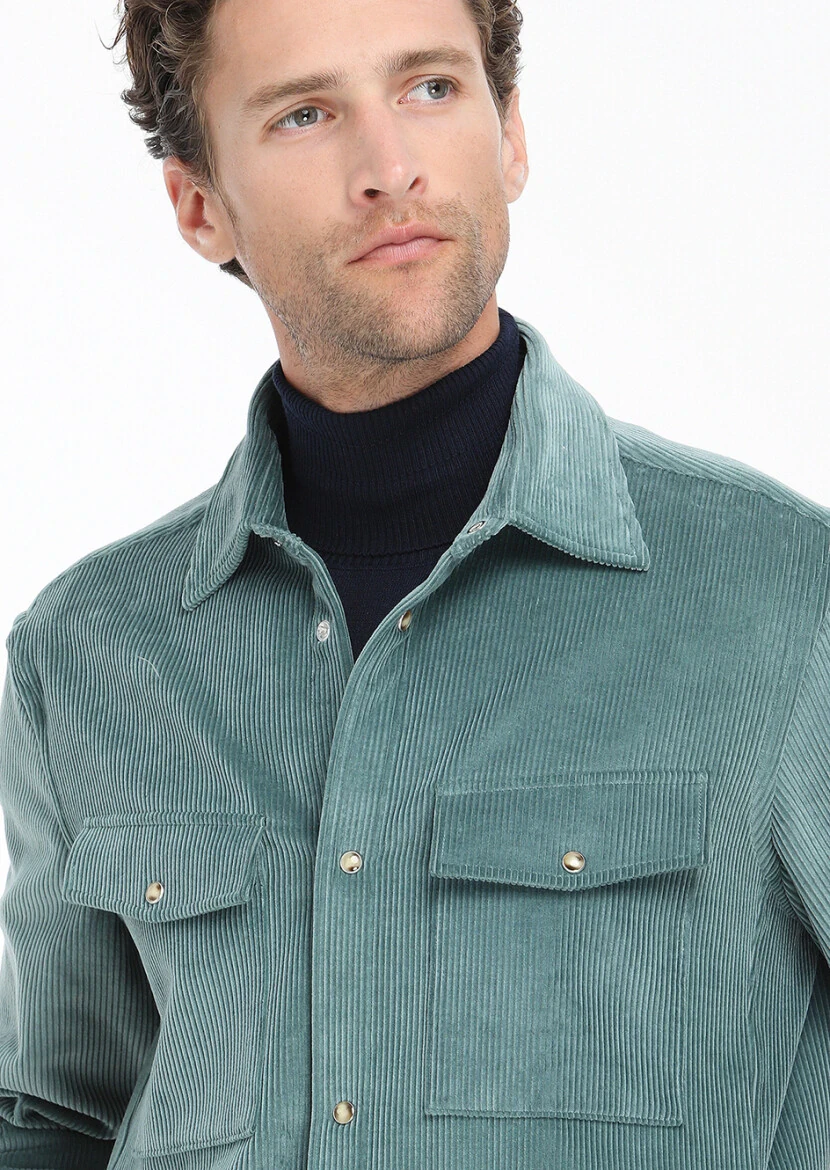 Mint Fitilli Casual Fit Dokuma Kadife %100 Pamuk Overshırt - 3