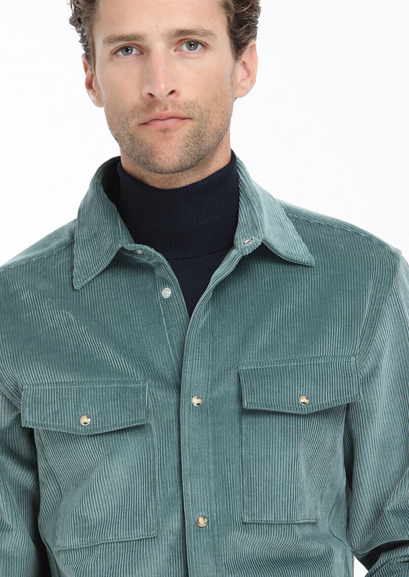 Mint Fitilli Casual Fit Dokuma Kadife %100 Pamuk Overshırt - 4