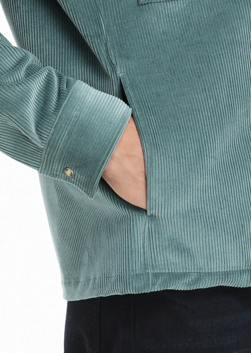 Mint Fitilli Casual Fit Dokuma Kadife %100 Pamuk Overshırt - 5