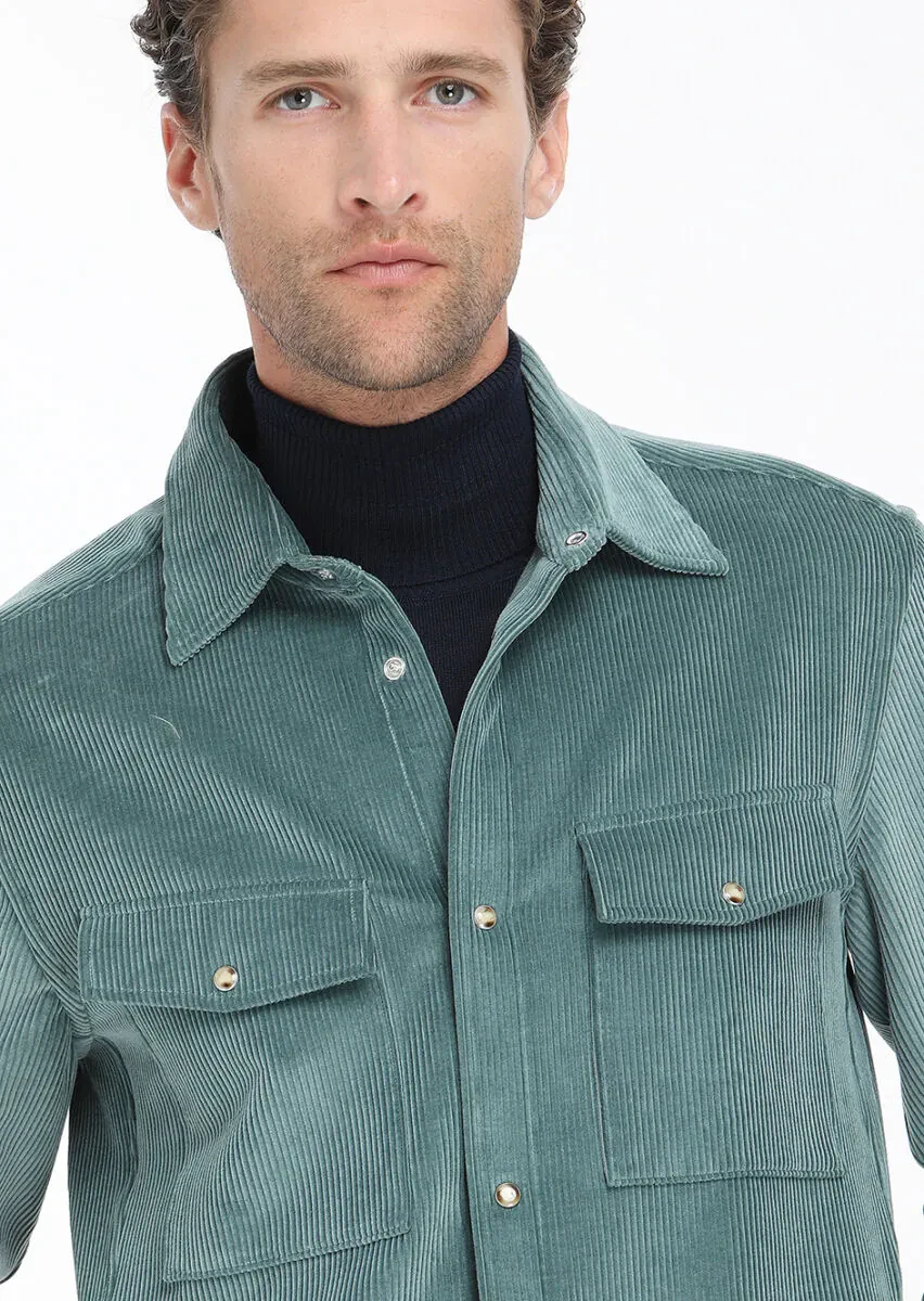 Mint Fitilli Casual Fit Dokuma Kadife %100 Pamuk Overshırt - 6