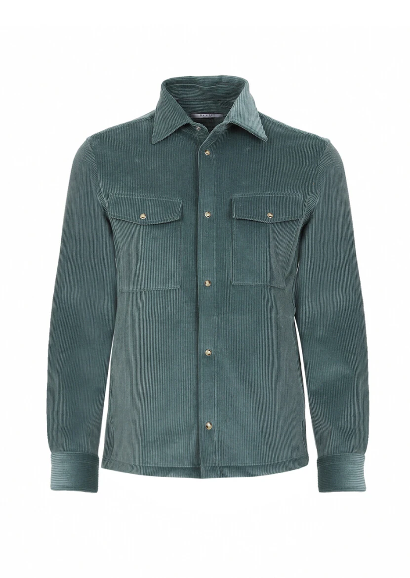 Mint Fitilli Casual Fit Dokuma Kadife %100 Pamuk Overshırt - 9