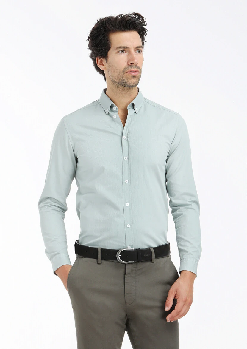 Mint Fitilli Regular Fit Dokuma Casual %100 Pamuk Gömlek - 3