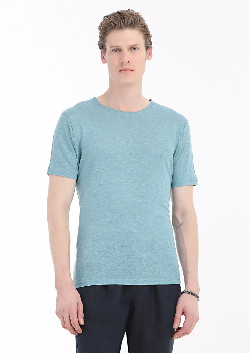 Mint Plain Crew Neck 100% Linen T-Shirt 