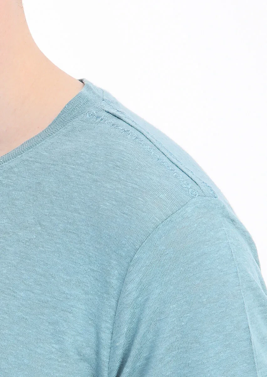 Mint Plain Crew Neck 100% Linen T-Shirt - 4
