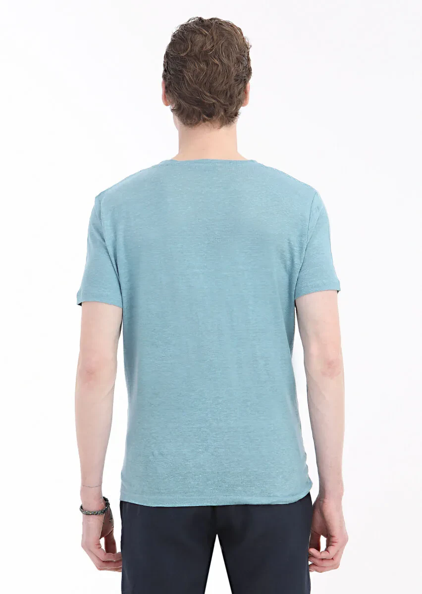 Mint Plain Crew Neck 100% Linen T-Shirt - 5