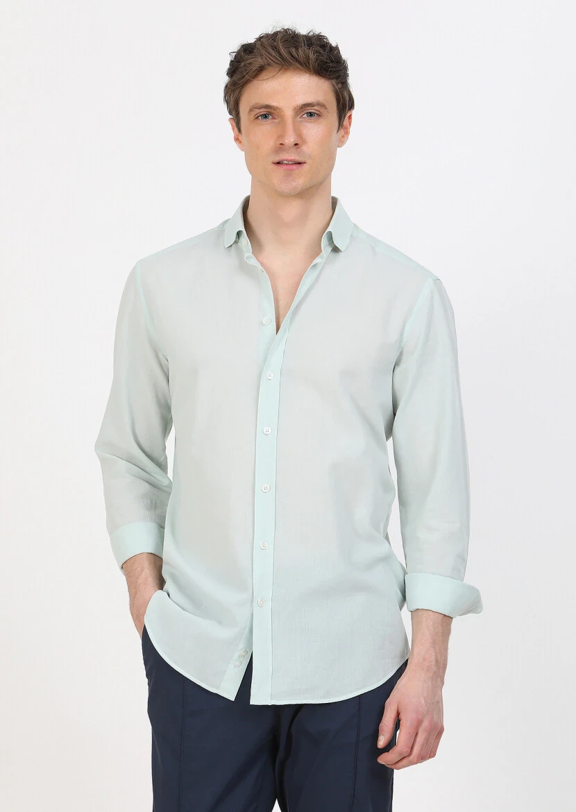 Mint Plain Regular Fit Weaving Casual 100% Cotton Shirt - 1