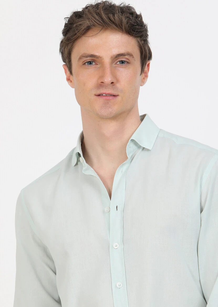 Mint Plain Regular Fit Weaving Casual 100% Cotton Shirt - 3