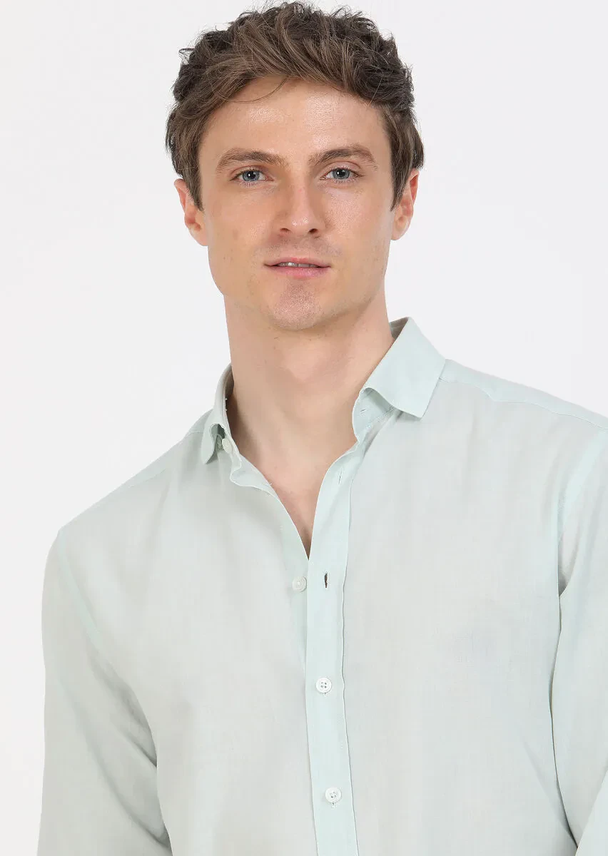 Mint Plain Regular Fit Weaving Casual 100% Cotton Shirt - 3