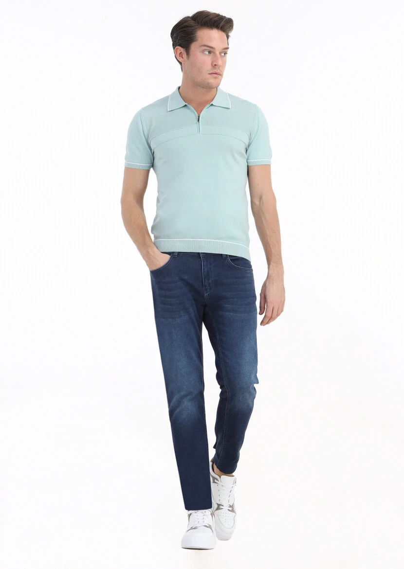 Mint Polo Yaka Jakarlı %100 Pamuk Triko - 1